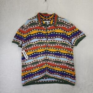 Round Two Mens 3D Knit Short Sleeve Button Up Shirt Multi Color Wave Pattern S